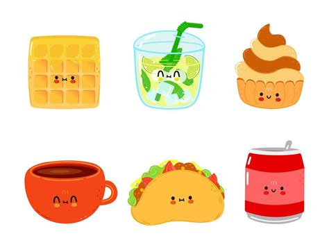 Funny Happy Fast Food Characters Set Vector Hand Drawn Cartoon Kawaii