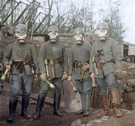 German Stormtroopers Wearing Gas Masks And Gaede Model 1915 Helmets