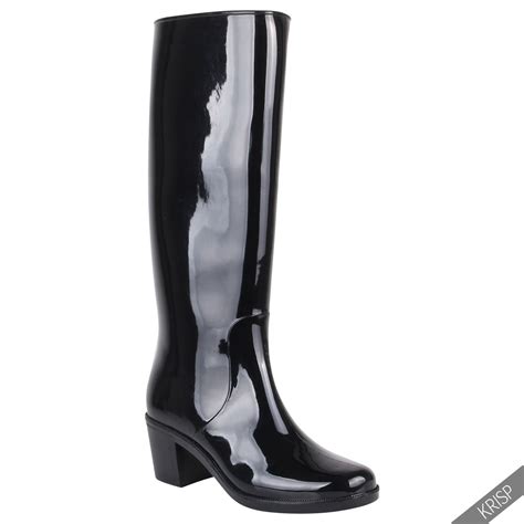 Womens Mid High Heeled Waterproof Tall Wellington Rain Boots Wellies