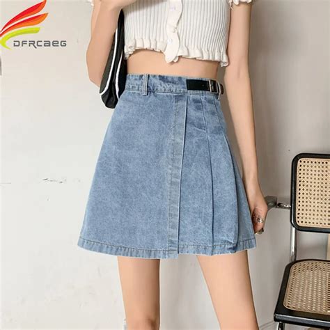 high waist a line pleated denim skirt women with belt 2020 new arrival casual blue mini denim