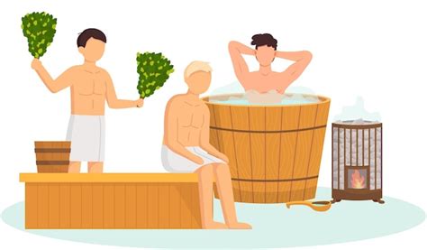 Premium Vector Sauna And Steam Room Set Of People In Sauna People Relax And Steam With Birch