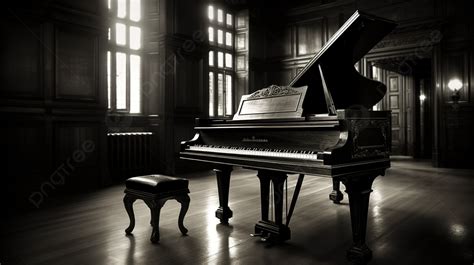 Black And White Image Of A Grand Piano In A Room Background, Pictures
