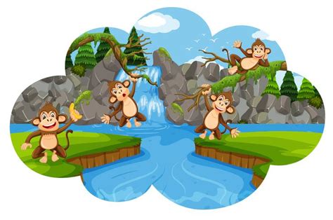 Set Of Monkeys In Nature Scene 594717 Vector Art At Vecteezy