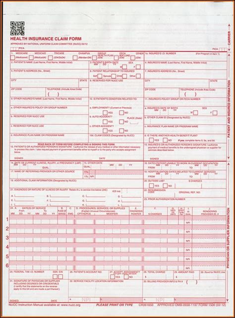 Fillable Hcfa 1500 Claim Form Printable Forms Free Online