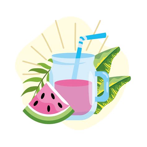 Watermelon Juice With Tropical Leaves Plants 689661 Vector Art At Vecteezy