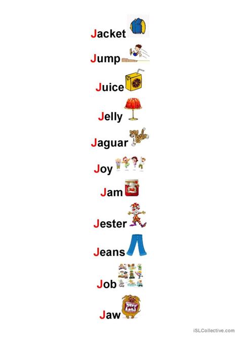 Letter J Vocabulary Flashcards An English Esl Worksheets Pdf And Doc