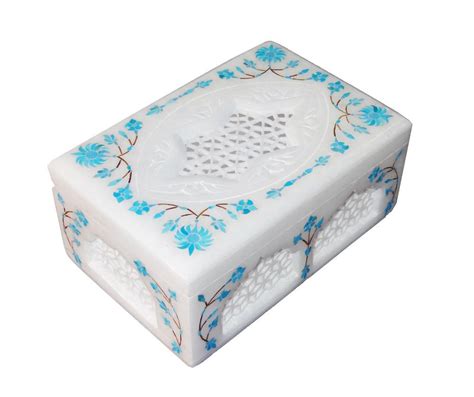 6x4x3 White Marble Jewelry Storage Box Turquoise Mosaic Floral Ts