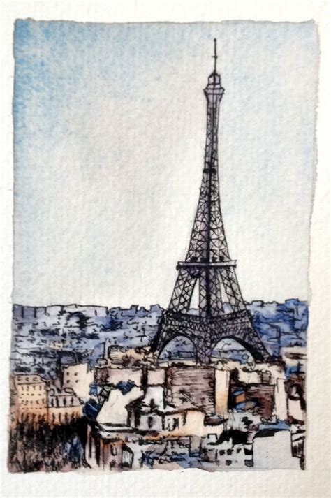 Paris Scene ~ Eiffel Tower Pen And Ink And Watercolour Ink Pen