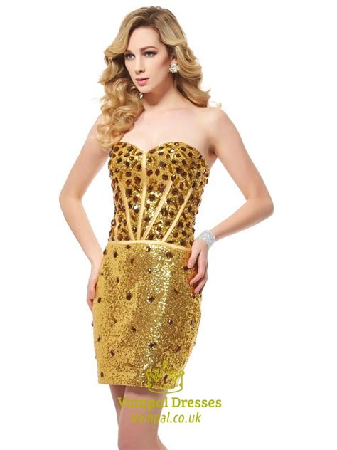 Short Sheath Strapless Sequin Cocktail Dress With Jewel Embellished