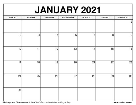 January Printable Calendar 2021 Template Business Format