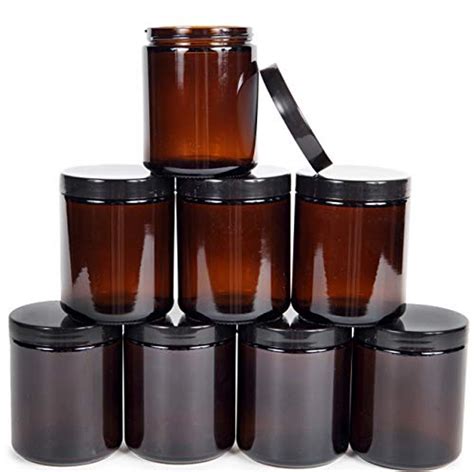 Amber 8 Ounce Round Glass Jars With Black Lids 8 Pack