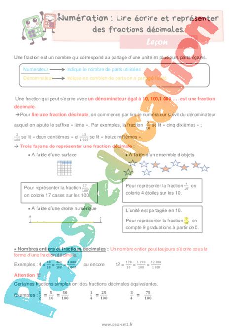 Lire écrire et représenter des fractions décimales Leçon de numération pour le cm PDF
