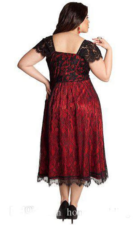 Fashion Plus Size Lace Evening Gowns Tea Length Sweetheart Capped