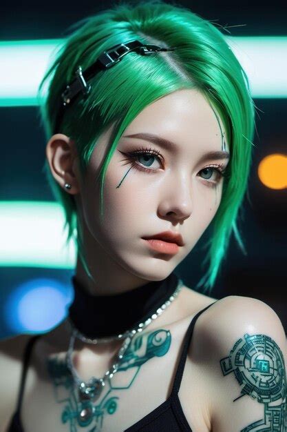 Premium Photo A Woman With Green Hair And Tattoos Standing In Front