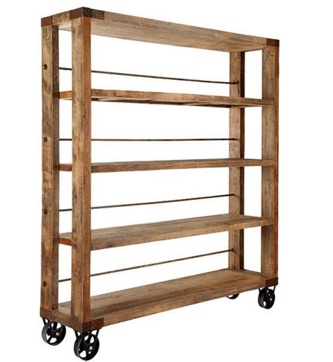 Industrial Style Bookshelf With Caster Wheels Rustic Chic Wood And