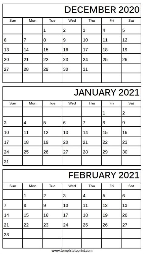 2020 December To 2021 February Calendar Printable Calendar 2020