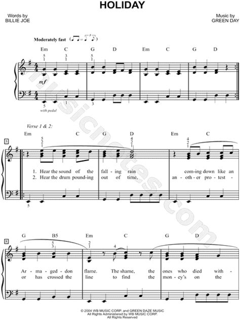 Green Day Holiday Sheet Music Easy Piano In E Minor Download