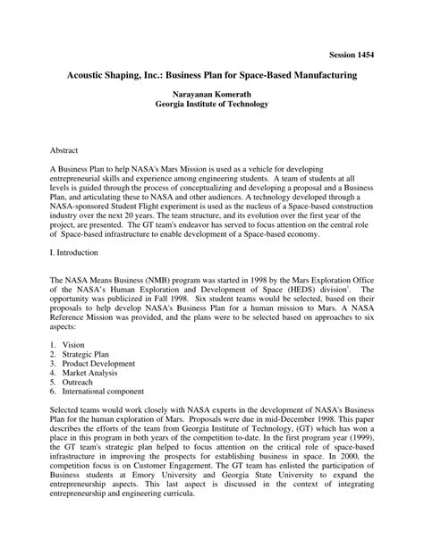 Pdf Acoustic Shaping Inc Business Plan For Space Based Manufacturing