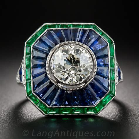 185 Carat European Cut Diamond Calibre Sapphire And Emerald Art Deco