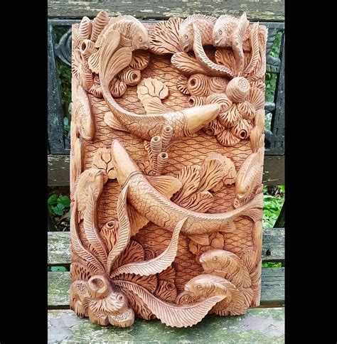 Master Carved Fish With Coralhand Carved Relief Wall Panelwooden Art
