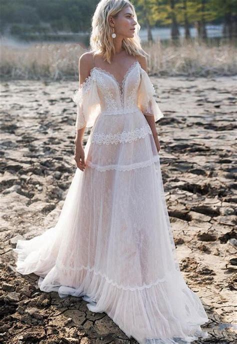 Lace Boho Wedding Dress Bohemian Pink Wedding Dresses Spaghetti