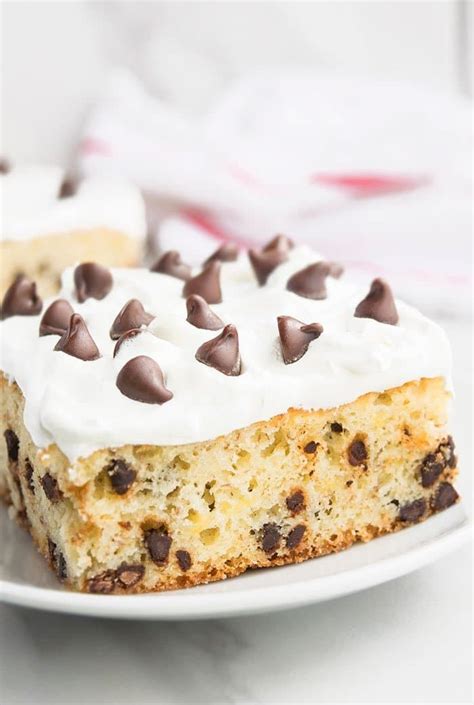 The base is part cookie, part cake, and the tangy frosting adds layers of creaminess. Chocolate Chip Cake Recipe | Chocolate chip cake, Banana sheet cakes, Banana chocolate chip cake