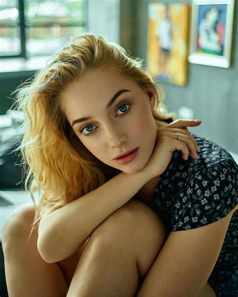 Anna Ioannova Women Model Blonde Face Russian Blue Eyes Long Hair Indoors Depth Of Field Sitting