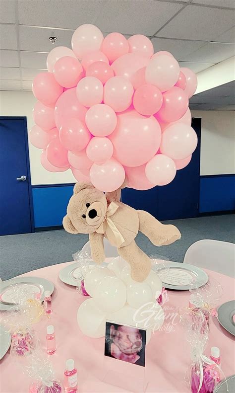 Floating Teddy Bear Centerpiece Tan Teddy Attached To Pink Balloons