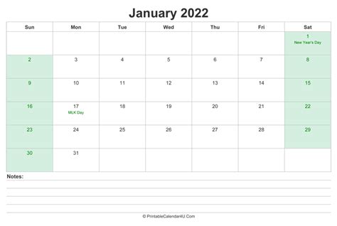 January 2022 Calendar With Us Holidays And Notes Landscape Layout