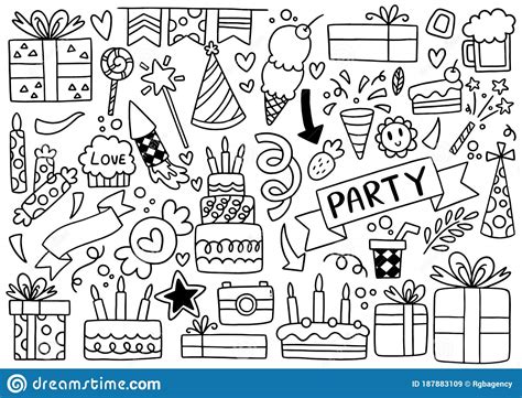 Hand Drawn Party Doodle Happy Birthday Stock Vector Illustration Of Contour Background