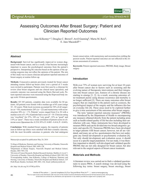 Pdf Assessing Outcomes After Breast Surgery Patient And Clinician