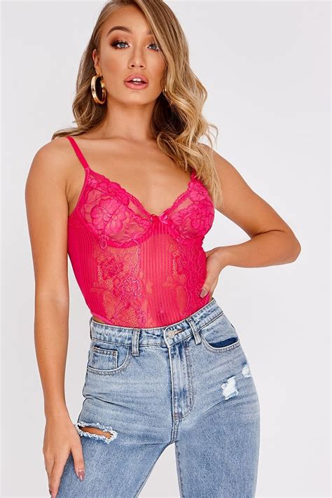 Bright Pink Lace Bodysuit Lace Bralette Outfit Pink Lace Bodysuit Lace Bodysuit