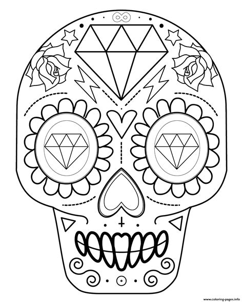 Sugar Skull With Diamonds Calavera Coloring Page Printable