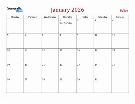 January 2026 Belize Monthly Calendar With Holidays