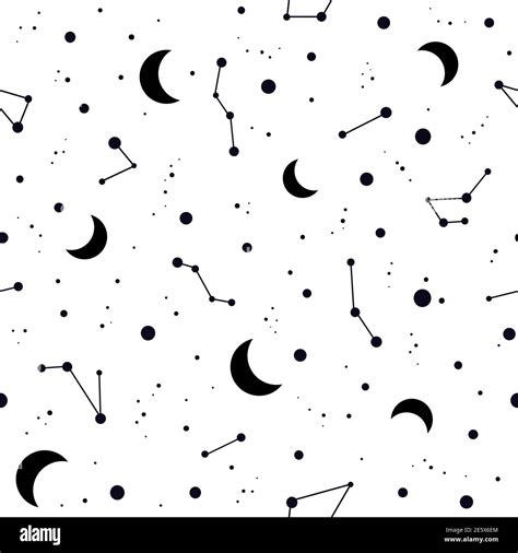 Seamless Pattern With Black Constellations Stars And Moon Crescent On