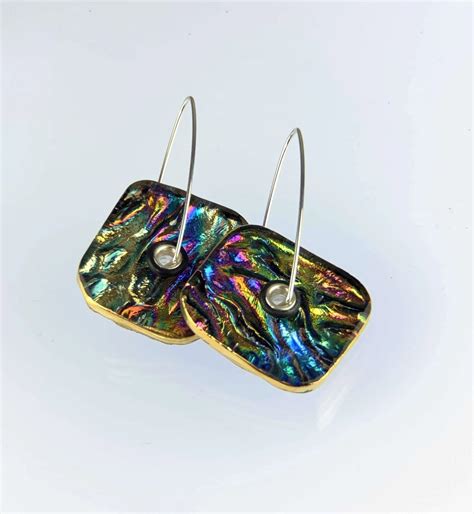 Fused Square Dichroic Glass Earrings Bronwen Heilman