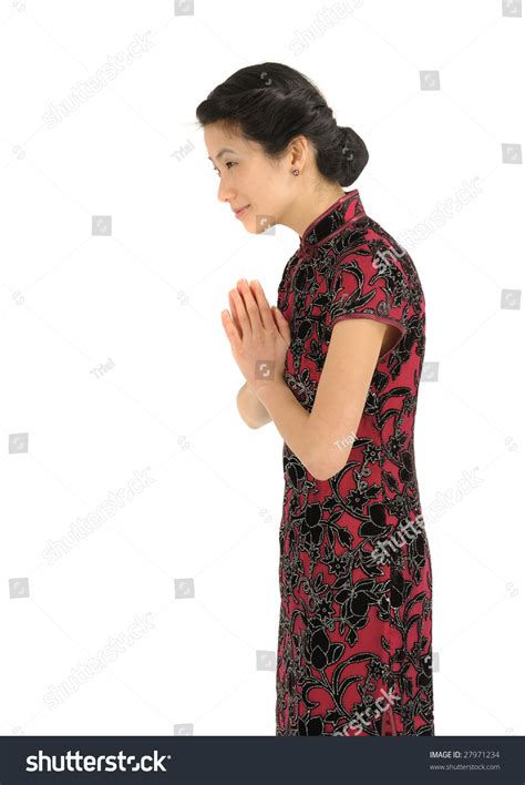 Classy Asian Woman In Traditional Cheongsam Qipao Dress Reception Isolated On White Stock