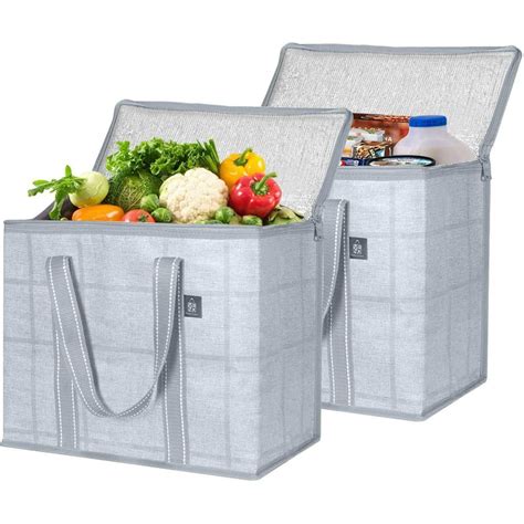 2 Pack Insulated Reusable Grocery Bag With Cardboard Bottom Gray