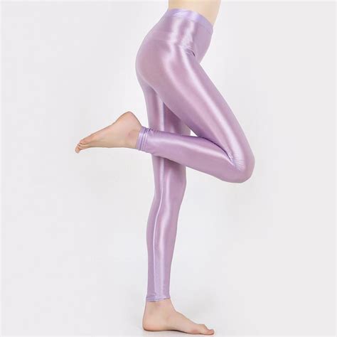 Cheap Women Glitter Stockings Sexy Satin Glossy High Waist Yoga Leggings Nine Point Shiny Oily