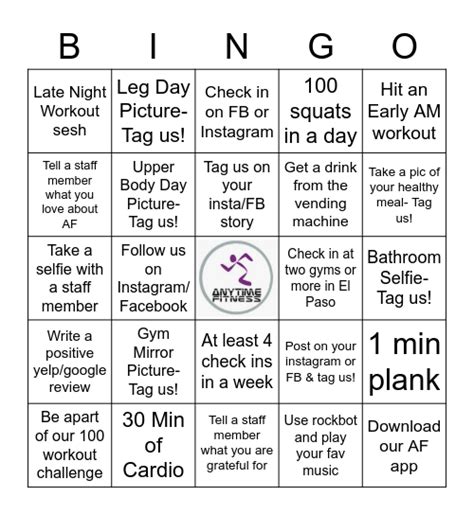 Anytime Fitness Bingo Card