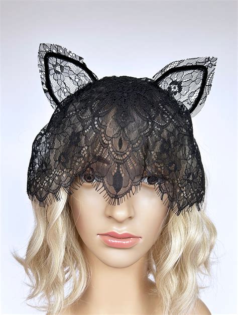 Sexy Black Lace Cat Ears Headband With Veil Handmade Item Etsy Uk