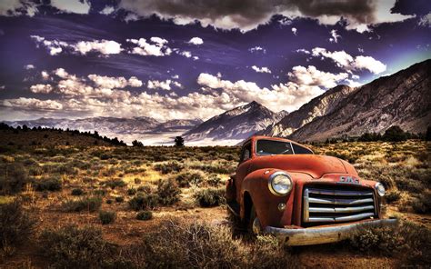 Landscape Nature Hdr Mountains Sky Car Vehicle Clouds Old Car