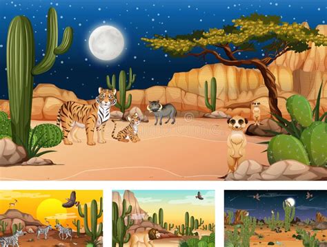 Different Scenes With Desert Forest Landscape With Animals And Plants