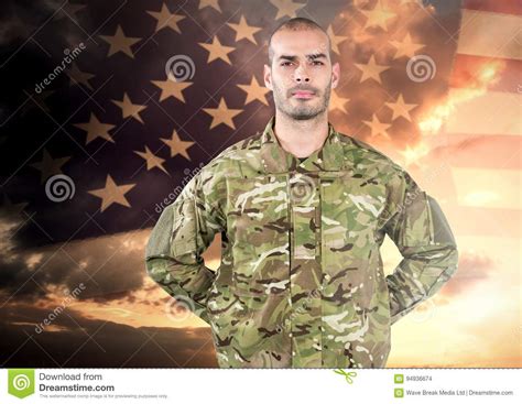 Proud Soldier Standing On American Flag Background Stock Photo Image