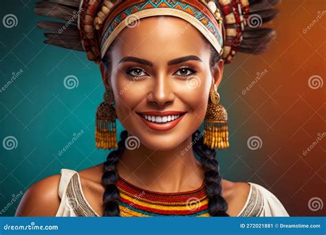 Hermosa Sonriente Mujer Azteca Mexicana Vestida Con Ropa Tradicional