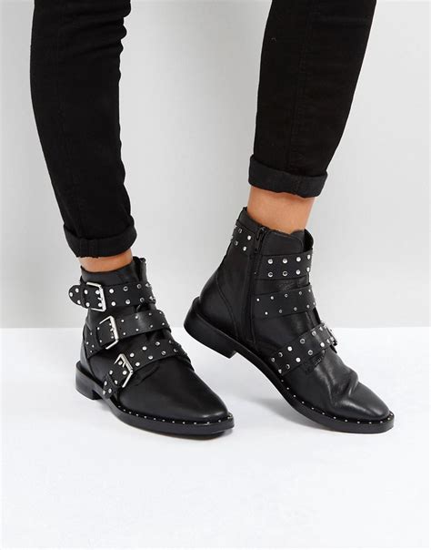 Black Studded Buckle Strap Ankle Boots Uk