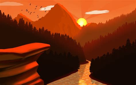 2560x1600 Resolution Nature Sunset Near Mountain River Artwork