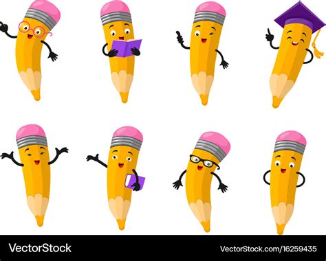 Cartoon Clever Pencil Character Set Royalty Free Vector