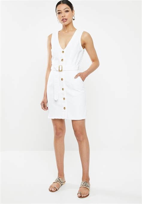 Belted Plunge Denim Mini Dress White Missguided Casual