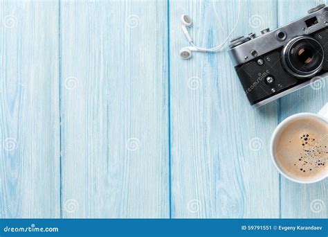 Travel Camera And Coffee Cup On Wooden Table Stock Image Image Of
